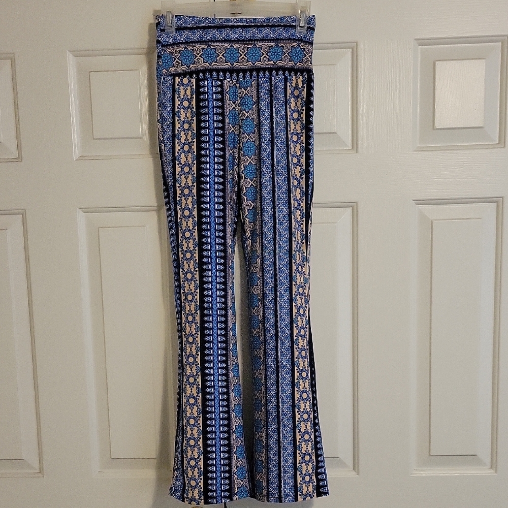 Blue and Beige Patterned Women's Pants